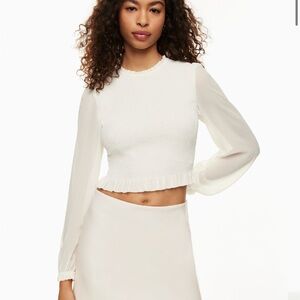 Wilfred Ivory Smocked Crop Top with Sheer Long Sleeves